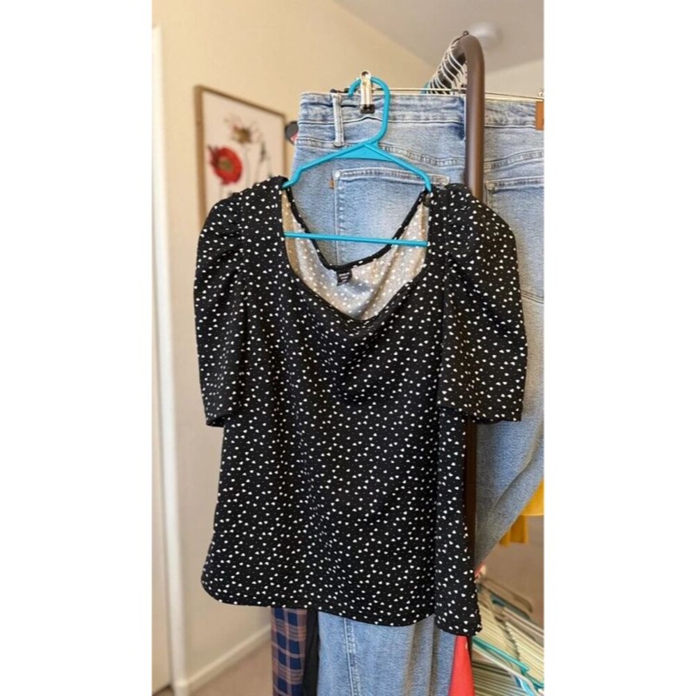 Black + White Heart Print Puff Sleeve Square Neck Top 3XL